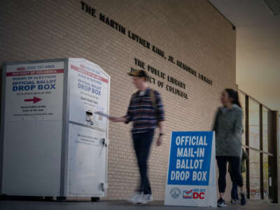 A voter places their vote into a drop box as another voter follows behind them