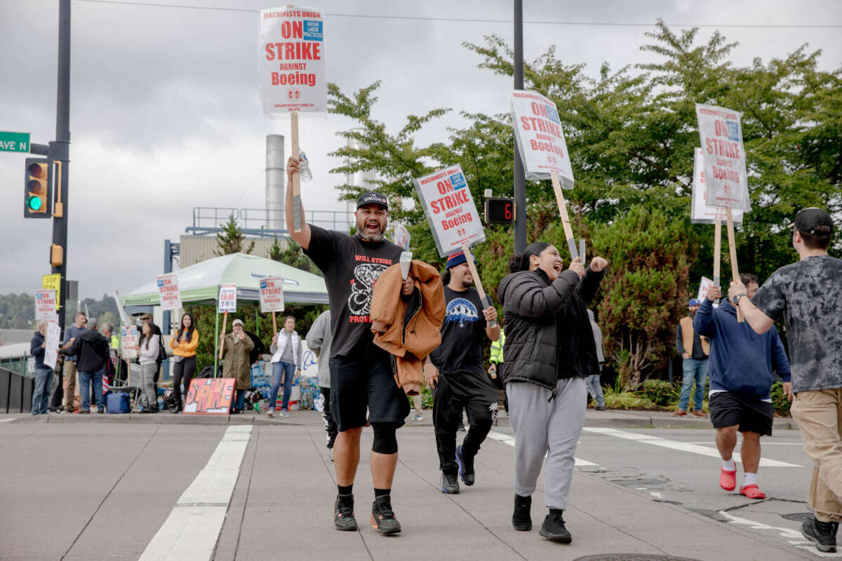 Striking Boeing workers and their supporters picket outside the Boeing manufacturing facility in Renton, Washington, on September 16, 2024.