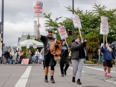 Striking Boeing workers and their supporters picket outside the Boeing manufacturing facility in Renton, Washington, on September 16, 2024.