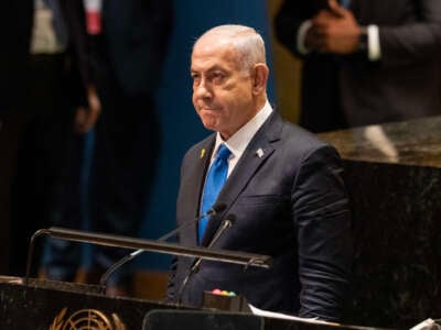 Prime Minister of Israel Benjamin Netanyahu addresses at the 79th session of General Assembly at UN Headquarters on September 27, 2024.