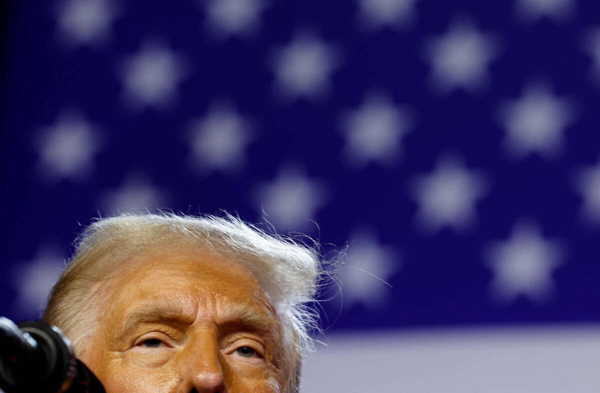 Republican presidential nominee, former President Donald Trump speaks during an election night event at the Palm Beach Convention Center on November 6, 2024, in West Palm Beach, Florida.