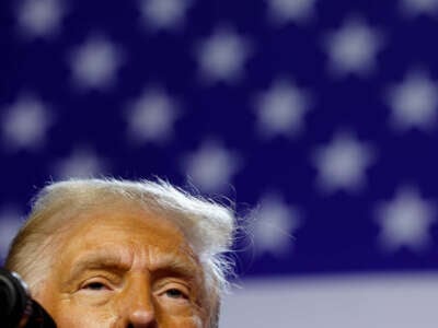 Republican presidential nominee, former President Donald Trump speaks during an election night event at the Palm Beach Convention Center on November 6, 2024, in West Palm Beach, Florida.