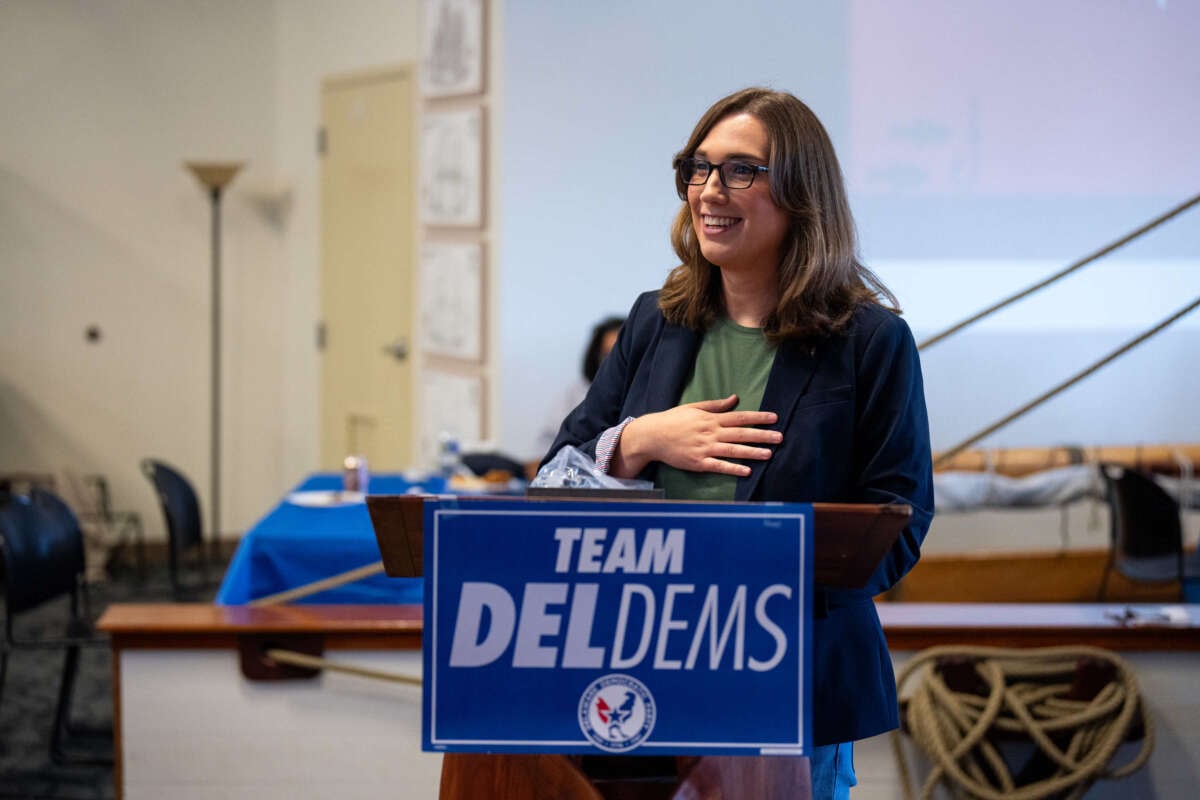 Sarah McBride, Democrat running for Delaware's Congressional seat, speaks at the Wilmington Democratic Committee Annual Fish Fry in Wilmington, Delaware, on July 27, 2024.