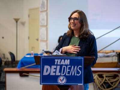 Sarah McBride, Democrat running for Delaware's Congressional seat, speaks at the Wilmington Democratic Committee Annual Fish Fry in Wilmington, Delaware, on July 27, 2024.