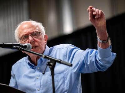 Sen. Bernie Sanders speaks to attendees during a Our Fight, Our Future rally at The Millennium bowling alley on October 2, 2024, in Austin, Texas.