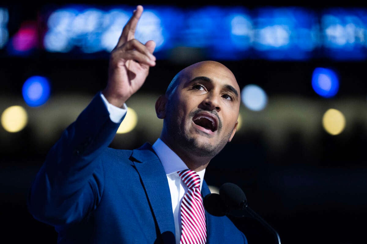 Shomari Figures, Democratic candidate for Alabama's 2nd congressional district, speaks on the final night of the Democratic National Convention at the United Center in Chicago, Illinois, on August 22, 2024.