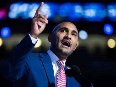 Shomari Figures, Democratic candidate for Alabama's 2nd congressional district, speaks on the final night of the Democratic National Convention at the United Center in Chicago, Illinois, on August 22, 2024.