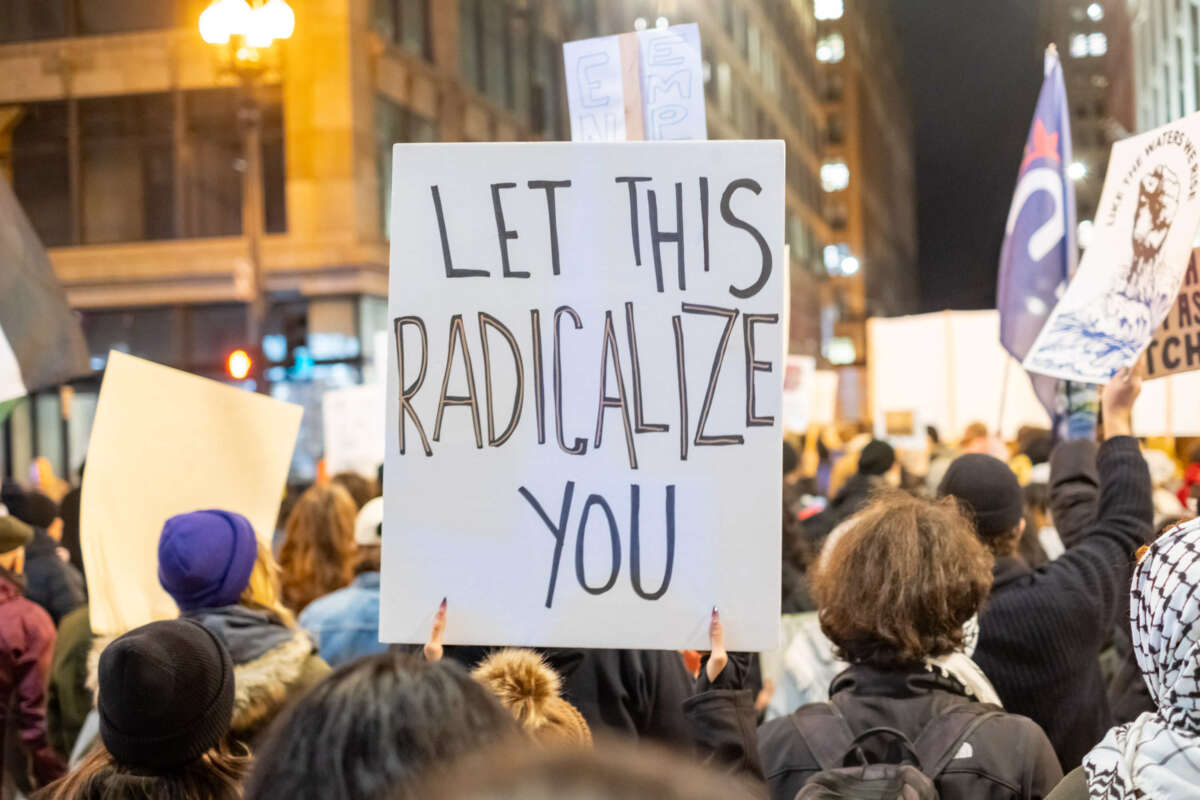 People march during the Day After Election Rally, Chicago, Illinois, on November 6, 2024.