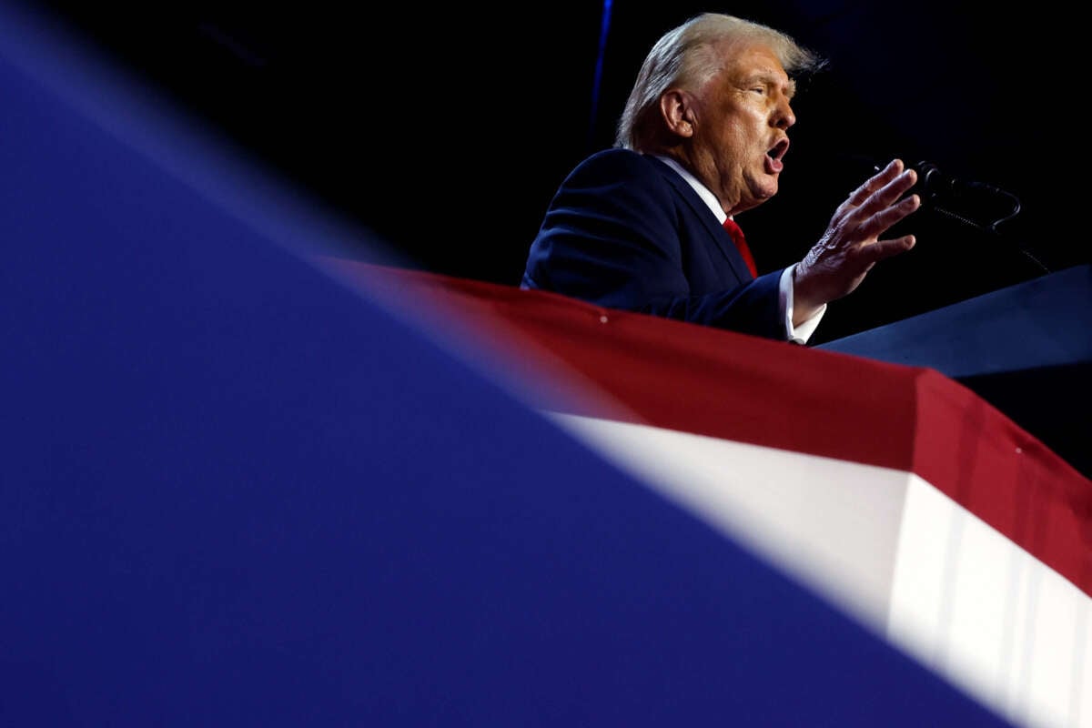 President-elect Donald Trump speaks during an election night event at the Palm Beach Convention Center on November 6, 2024, in West Palm Beach, Florida.