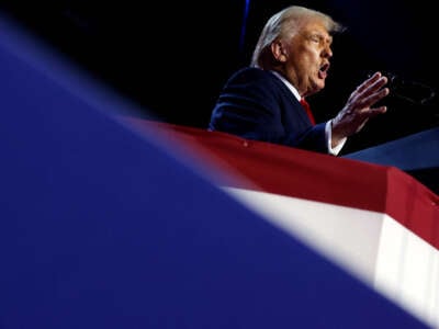 President-elect Donald Trump speaks during an election night event at the Palm Beach Convention Center on November 6, 2024, in West Palm Beach, Florida.