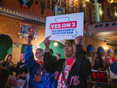 Supporters and organizers of Amendment 3 and Proposition A celebrate the results of the election at a watch party at Uptown Theater in Kansas City, Missouri, on Election Day, November 5, 2024.