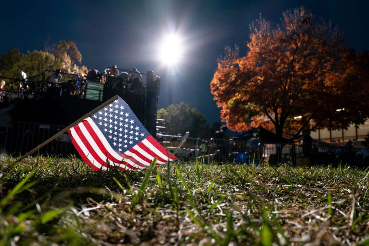 A flag is left in a field after Democratic presidential nominee Vice President Kamala Harris conceded the election during a speech at Howard University on November 6, 2024, in Washington, D.C.