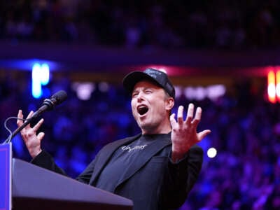 Elon Musk on stage before Republican presidential nominee former President Donald Trump speaks at a rally at Madison Square Garden in New York, on October 27, 2024.