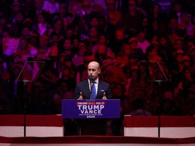 Stephen Miller, Senior Advisor to Republican presidential nominee, former President Donald Trump speaks prior to Trump taking the stage at a campaign rally at Madison Square Garden on October 27, 2024, in New York City.