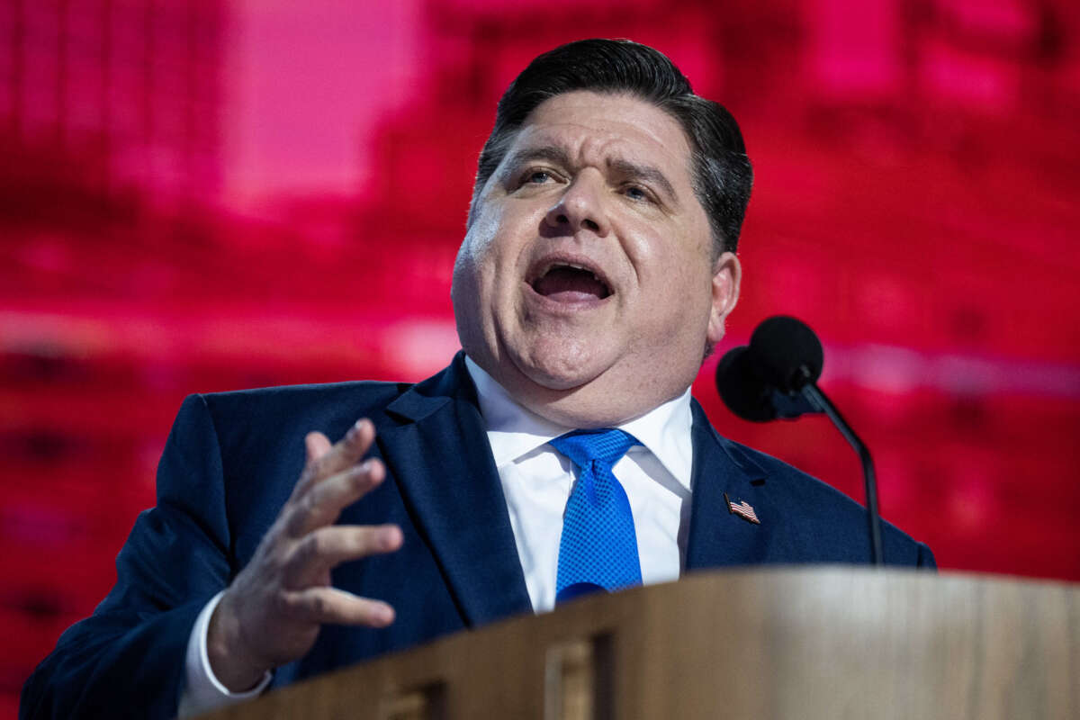 Illinois Gov. J.B. Pritzker speaks on the second night of the Democratic National Convention at the United Center in Chicago, Illinois, on August 20, 2024.