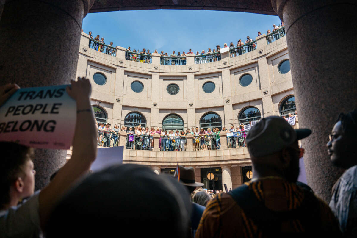 People protest bills HB 1686 and SB 14 during a 'Fight For Our Lives' rally at the Texas State Capitol on March 27, 2023, in Austin, Texas. Community members and activists gathered at the Capitol to protest the bills, which seek to limit healthcare to transgender youth.