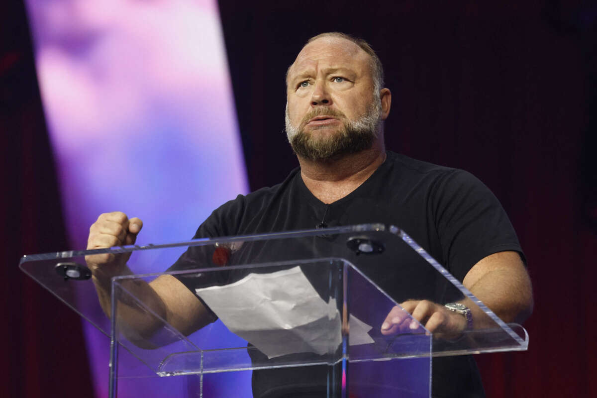 Alex Jones addresses the conservative Turning Point People's Convention on June 16, 2024, at Huntington Place in Detroit, Michigan.