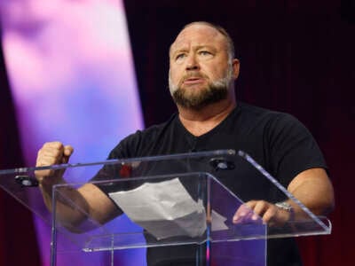 Alex Jones addresses the conservative Turning Point People's Convention on June 16, 2024, at Huntington Place in Detroit, Michigan.