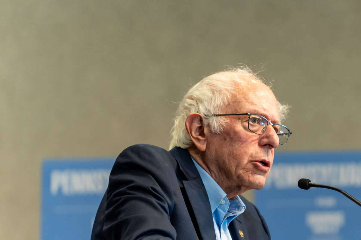 Sen. Bernie Sanders speaks at a labor rally for the Harris-Walz campaign in Harrisburg, Pennsylvania, on October 27, 2024.