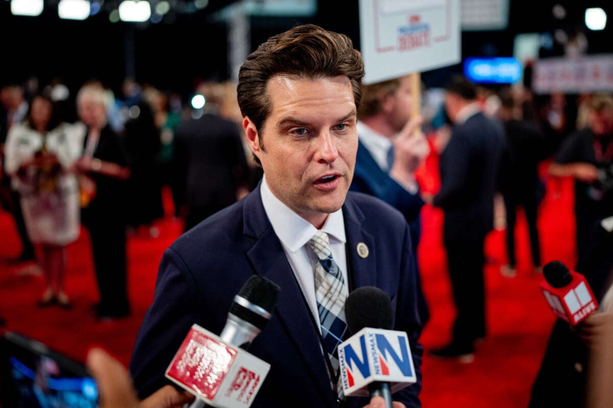 Rep. Matt Gaetz speaks to reporters in the spin room following the CNN Presidential Debate between President Joe Biden and Republican presidential candidate, former President Donald Trump at the McCamish Pavilion on the Georgia Institute of Technology campus on June 27, 2024, in Atlanta, Georgia.