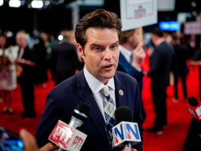 Rep. Matt Gaetz speaks to reporters in the spin room following the CNN Presidential Debate between President Joe Biden and Republican presidential candidate, former President Donald Trump at the McCamish Pavilion on the Georgia Institute of Technology campus on June 27, 2024, in Atlanta, Georgia.