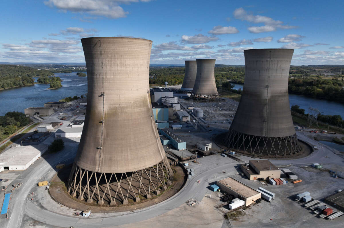 In this aerial view, the shuttered Three Mile Island nuclear power plant stands in the middle of the Susquehanna River on October 10, 2024, near Middletown, Pennsylvania.