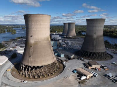 In this aerial view, the shuttered Three Mile Island nuclear power plant stands in the middle of the Susquehanna River on October 10, 2024, near Middletown, Pennsylvania.