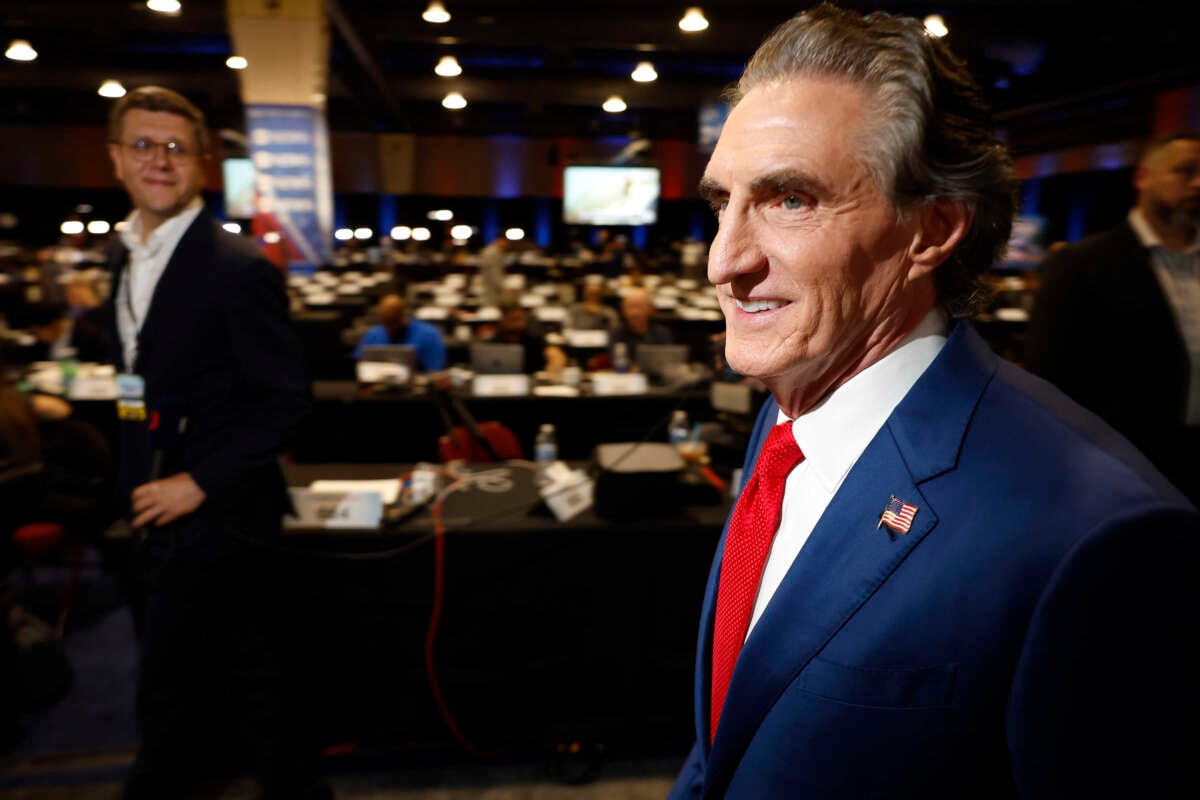 North Dakota Gov. Doug Burgum speaks to reporters in the spin room at the presidential debate between Republican presidential nominee, former President Donald Trump, and Democratic presidential nominee, Vice President Kamala Harris, at the Pennsylvania Convention Center on September 10, 2024, in Philadelphia, Pennsylvania.