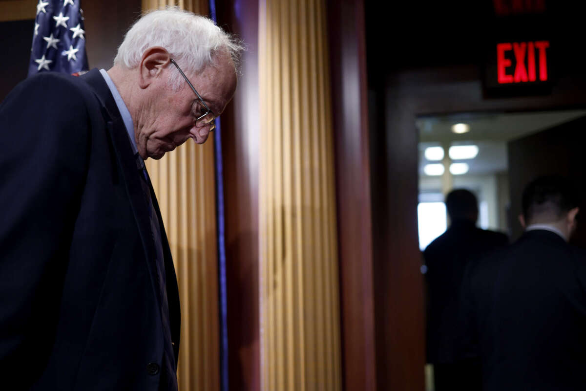 Sen. Bernie Sanders departs from a news conference on restricting arms sales to Israel at the U.S. Capitol on November 19, 2024, in Washington, D.C.