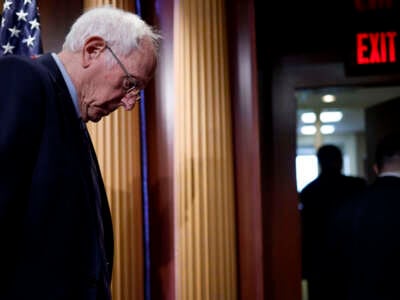 Sen. Bernie Sanders departs from a news conference on restricting arms sales to Israel at the U.S. Capitol on November 19, 2024, in Washington, D.C.