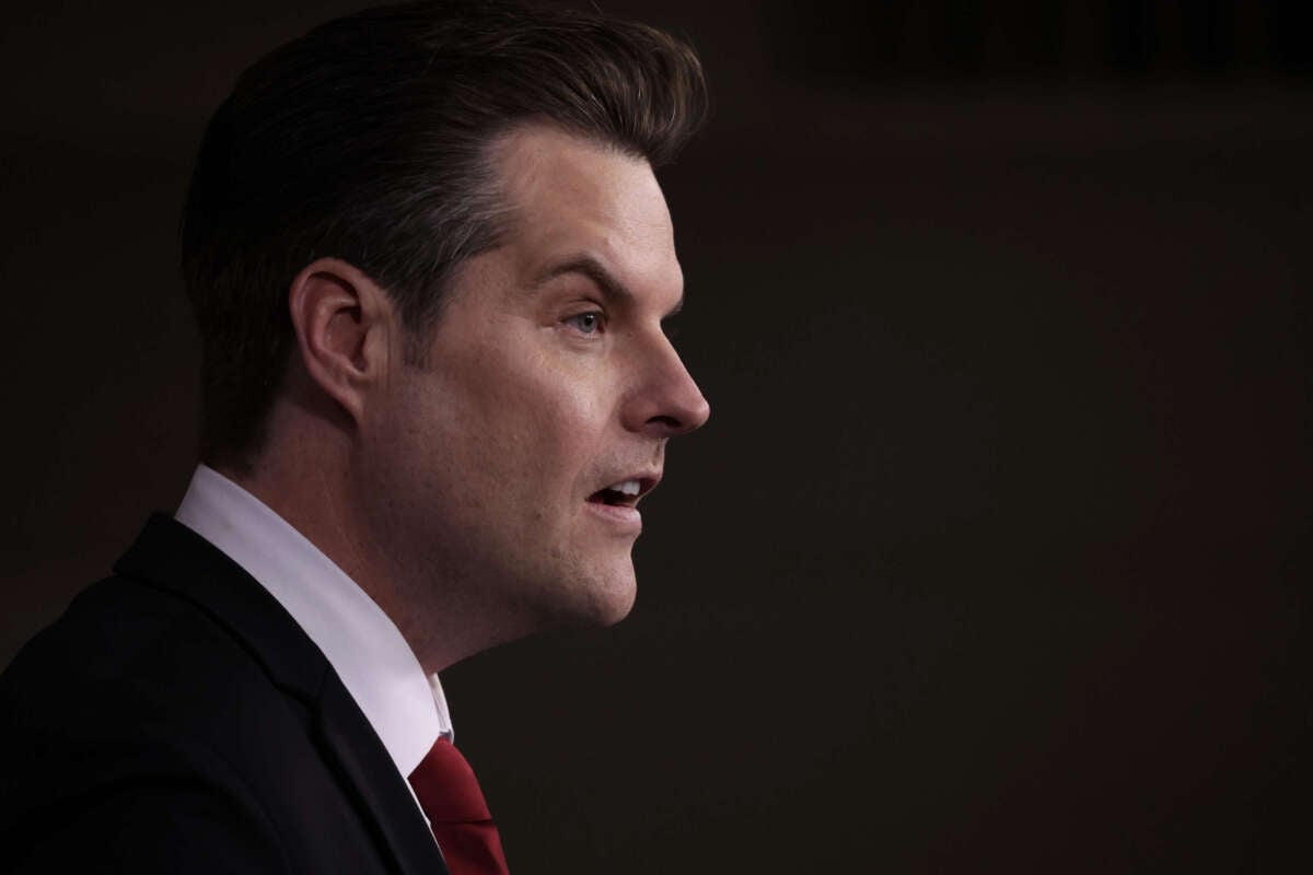 Rep. Matt Gaetz speaks during a news conference at the U.S. Capitol on February 13, 2024, in Washington, D.C.