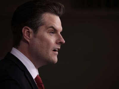 Rep. Matt Gaetz speaks during a news conference at the U.S. Capitol on February 13, 2024, in Washington, D.C.