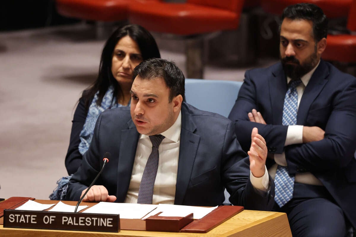 Ambassador Majed Bamya, Deputy Permanent Observer of the State of Palestine to the UN, speaks during a United Nations Security Council meeting on the situation in the Middle East, including the Palestinian question at the UN headquarters on November 20, 2024, in New York City.