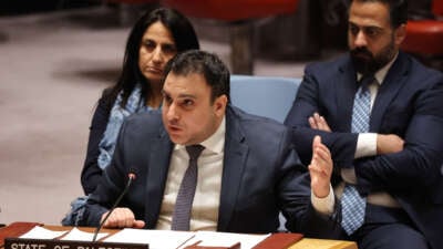 Ambassador Majed Bamya, Deputy Permanent Observer of the State of Palestine to the UN, speaks during a United Nations Security Council meeting on the situation in the Middle East, including the Palestinian question at the UN headquarters on November 20, 2024, in New York City.