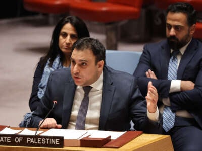 Ambassador Majed Bamya, Deputy Permanent Observer of the State of Palestine to the UN, speaks during a United Nations Security Council meeting on the situation in the Middle East, including the Palestinian question at the UN headquarters on November 20, 2024, in New York City.