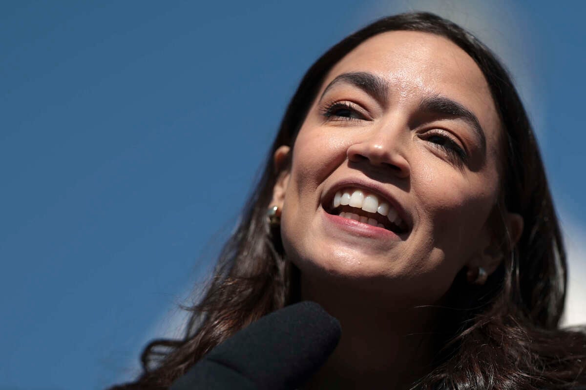 Rep. Alexandria Ocasio-Cortez speaks during a press conference outside the U.S. Capitol with Sen. Bernie Sanders on March 21, 2024, in Washington, D.C.