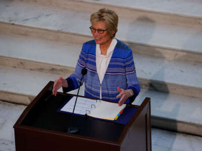 Georgia Department of Public Health Commissioner Dr. Kathleen Toomey answers questions during a press conference at the Georgia State Capitol on April 27, 2020, in Atlanta, Georgia.