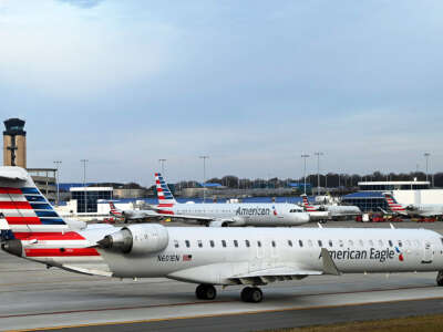 American Eagle planes are seen grounded on the Charlotte Douglas International Airport tarmac