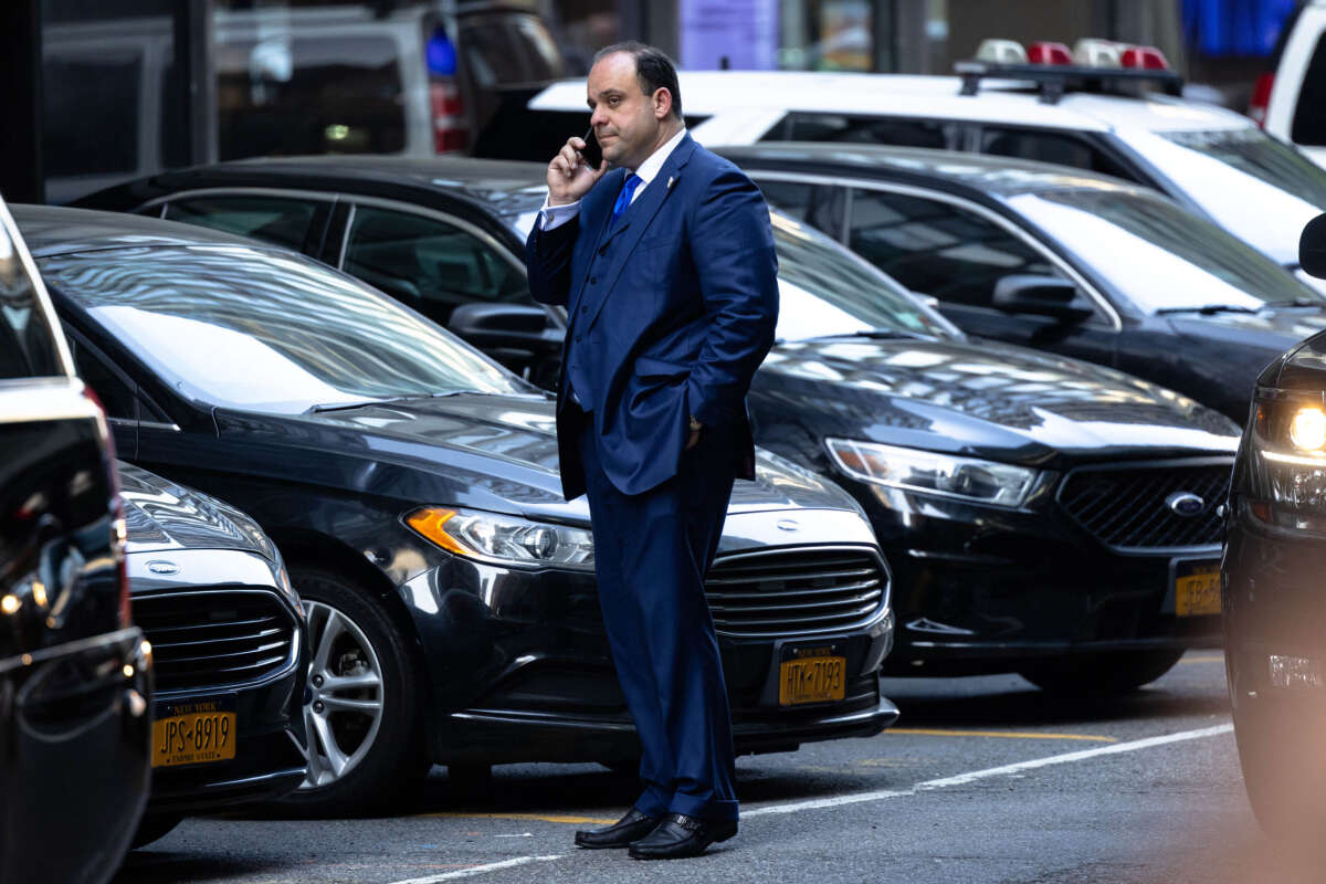 Boris Epshteyn, an aide to former President Donald Trump, speaks on the phone during a visit the FDNY Engine 2, Battalion 8 firehouse on May 2, 2024, in New York City.