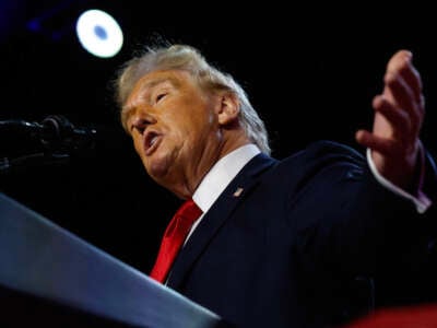 Former President Donald Trump speaks during an election night event at the Palm Beach Convention Center on November 6, 2024, in West Palm Beach, Florida.