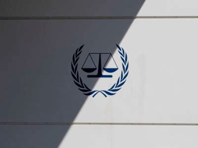 General view with a sign with the official logo and inscription of the International Criminal Court, an intergovernmental organization and international tribunal seated in The Hague, Netherlands, is pictured on September, 2024.