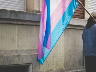 Person holds a transgender flag by the side of a building.