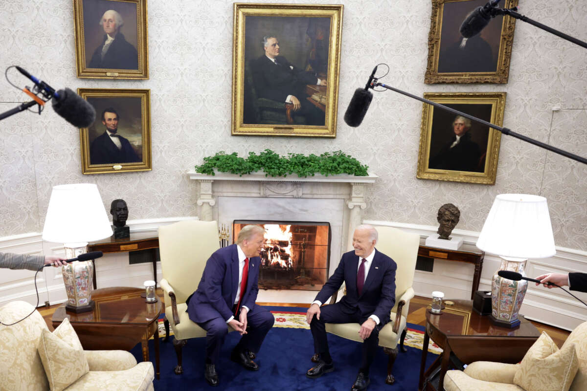 President Joe Biden meets with President-elect Donald Trump in the Oval Office of the White House on November 13, 2024, in Washington, D.C.