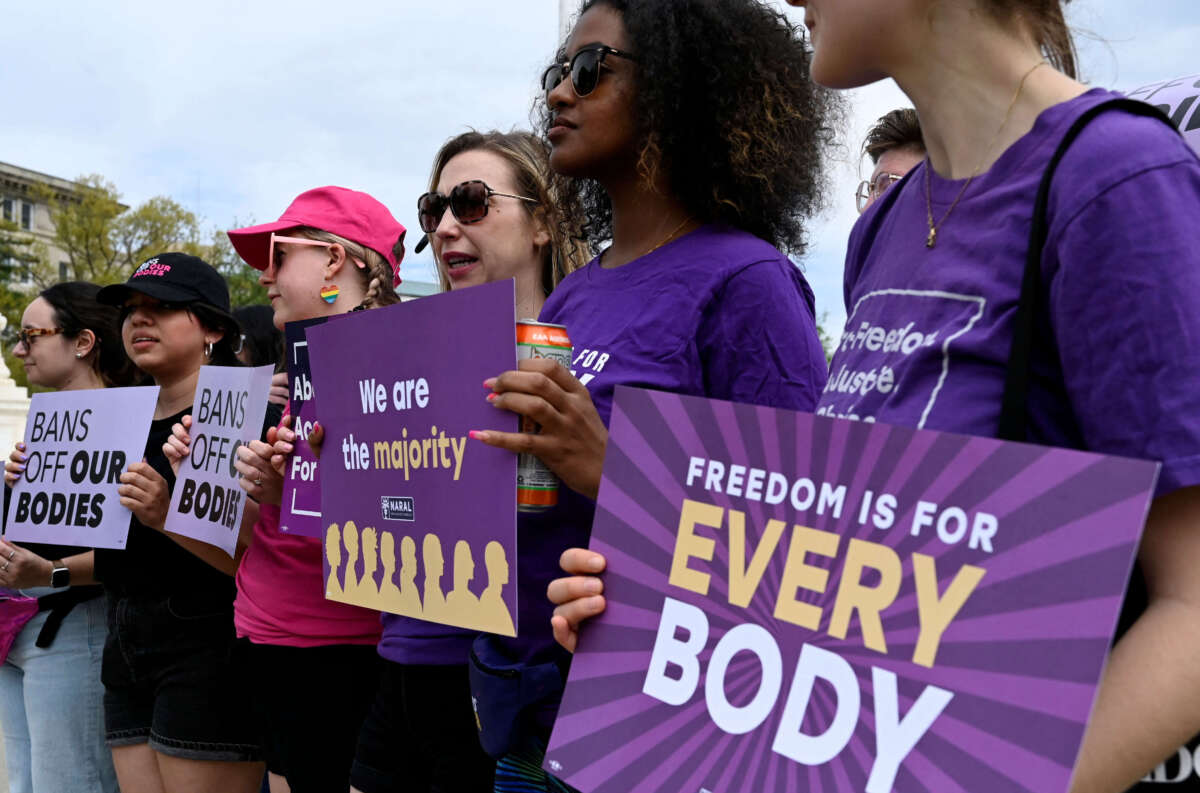 Abortion rights advocates rally outside the U.S. Supreme Court on April 14, 2023, in Washington, D.C..