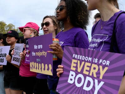 Abortion rights advocates rally outside the U.S. Supreme Court on April 14, 2023, in Washington, D.C..