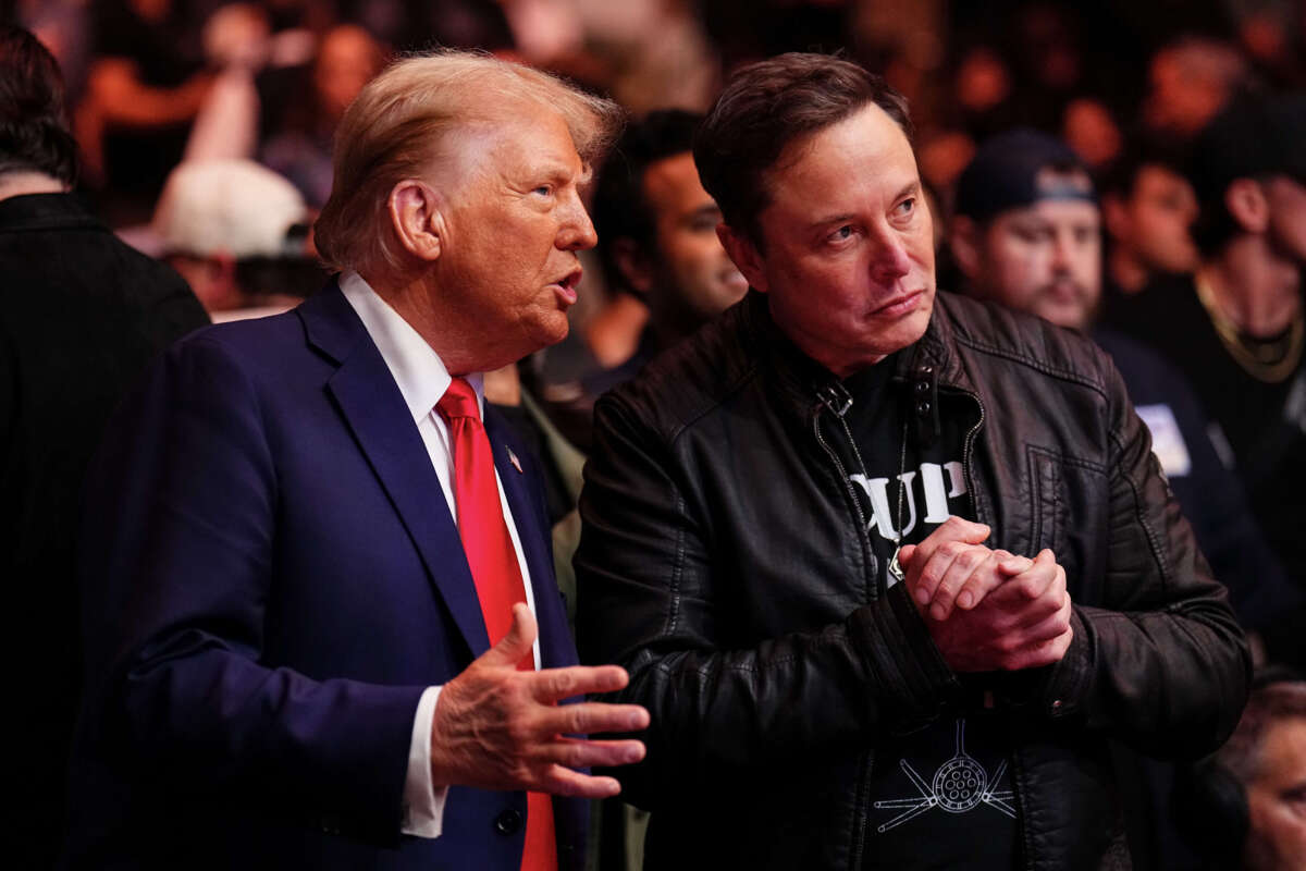 President-elect Donald Trump and Elon Musk talk ring side during the UFC 309 event at Madison Square Garden on November 16, 2024, in New York City.