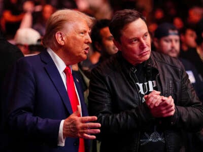 President-elect Donald Trump and Elon Musk talk ring side during the UFC 309 event at Madison Square Garden on November 16, 2024, in New York City.