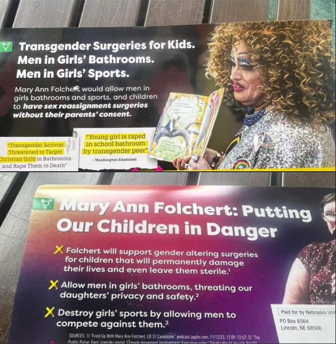 Anti-trans ads in Nebraska LD-31 by Sen. Kathleen Kauth.