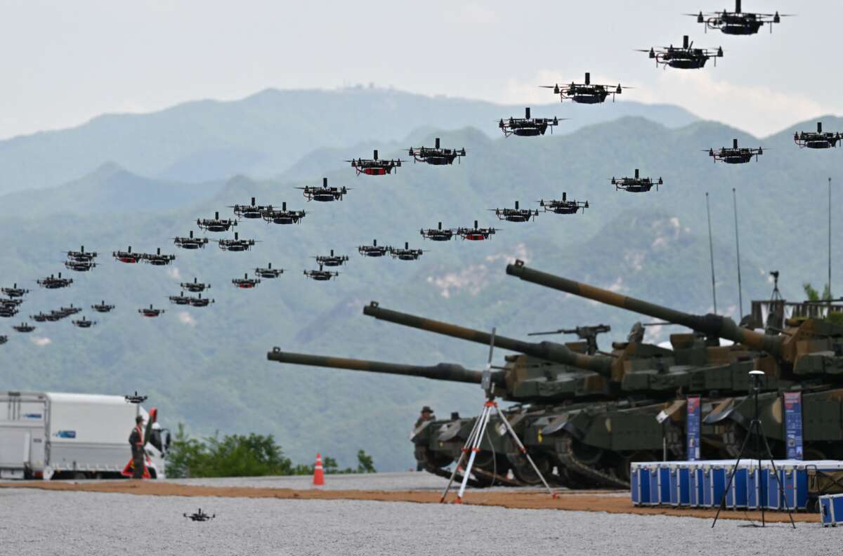 Military drones fly in formation during a South Korea-U.S. joint military drill at Seungjin Fire Training Field in Pocheon, South Korea, on May 25, 2023.