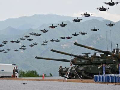 Military drones fly in formation during a South Korea-U.S. joint military drill at Seungjin Fire Training Field in Pocheon, South Korea, on May 25, 2023.